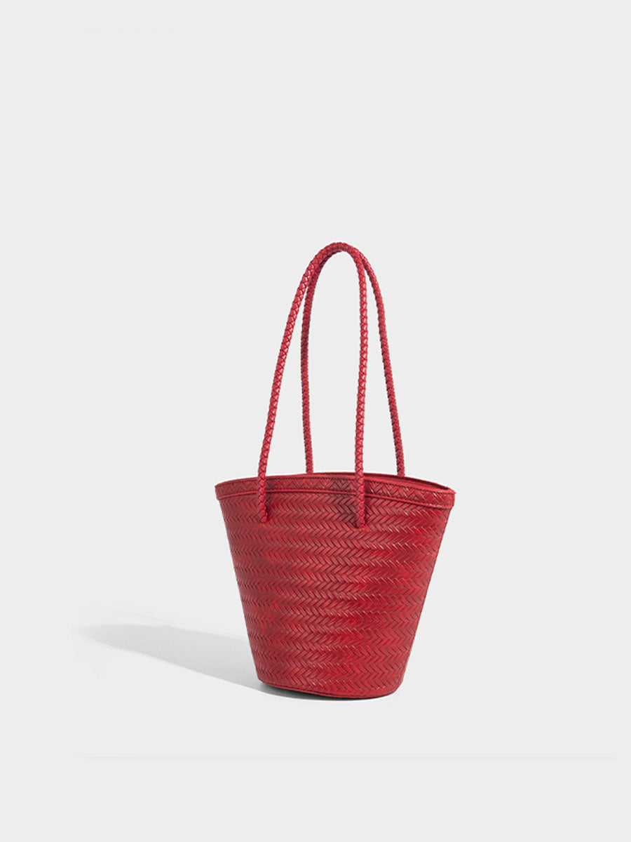Boho Real Leather Woven Bucket Tote Bag Black