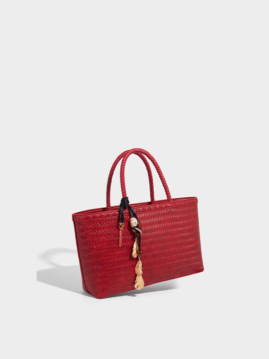 Real Leather Woven Tote Basket Bag White