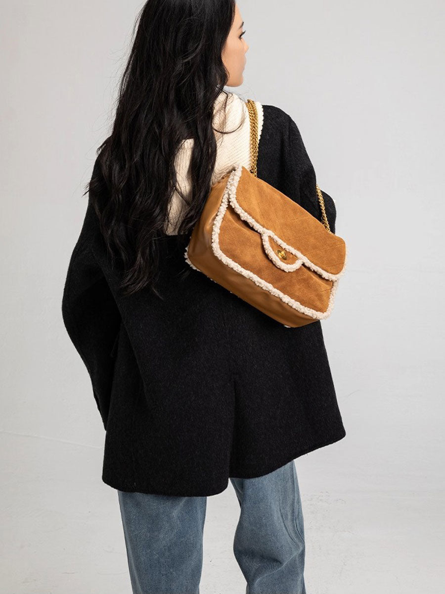 Vintage Shearling Trim Shoulder Bag Black