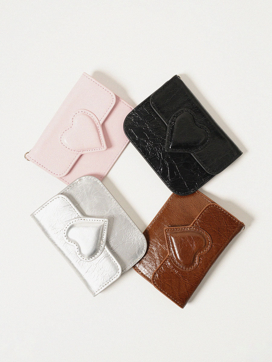 Vintage Waxed Leather Heart Card Holder Silver