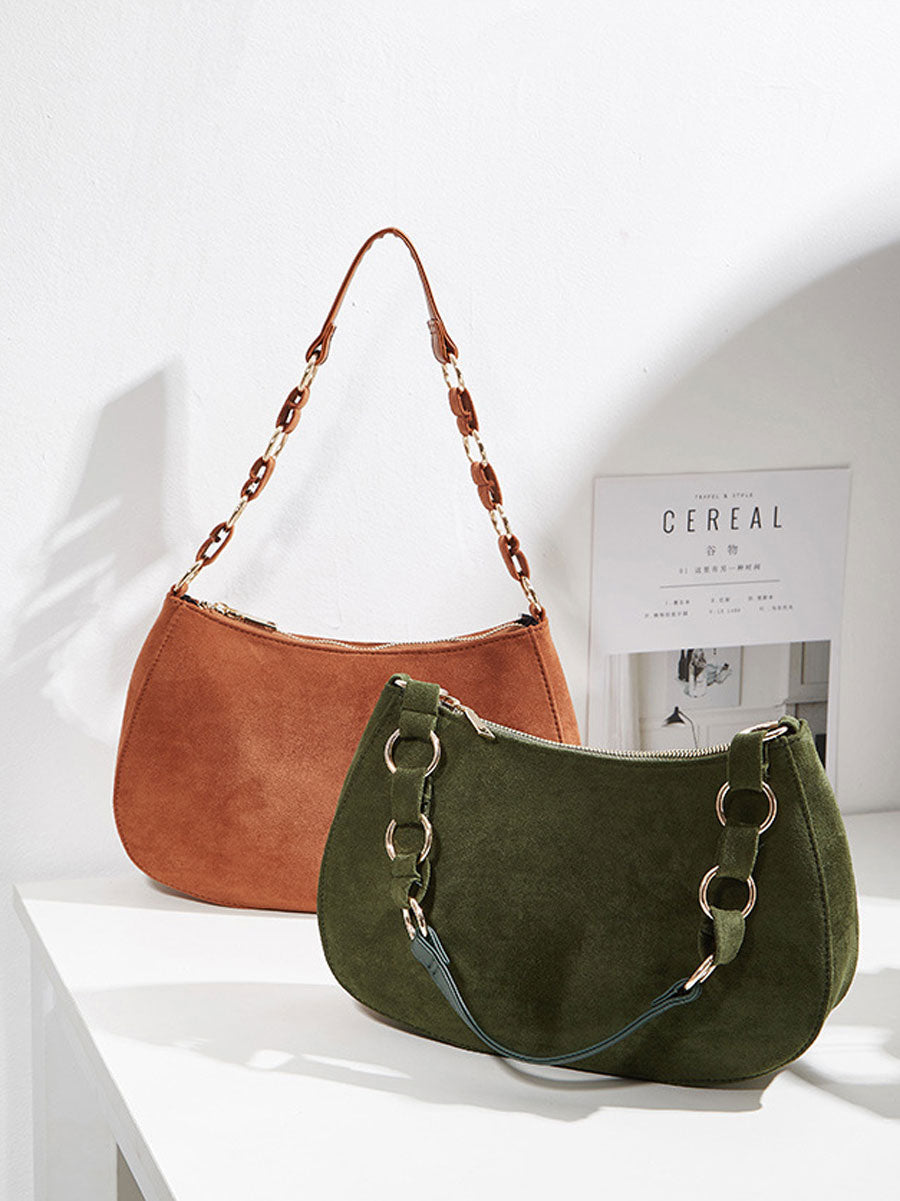 Brown Suede Baguette Shoulder Bag Brown