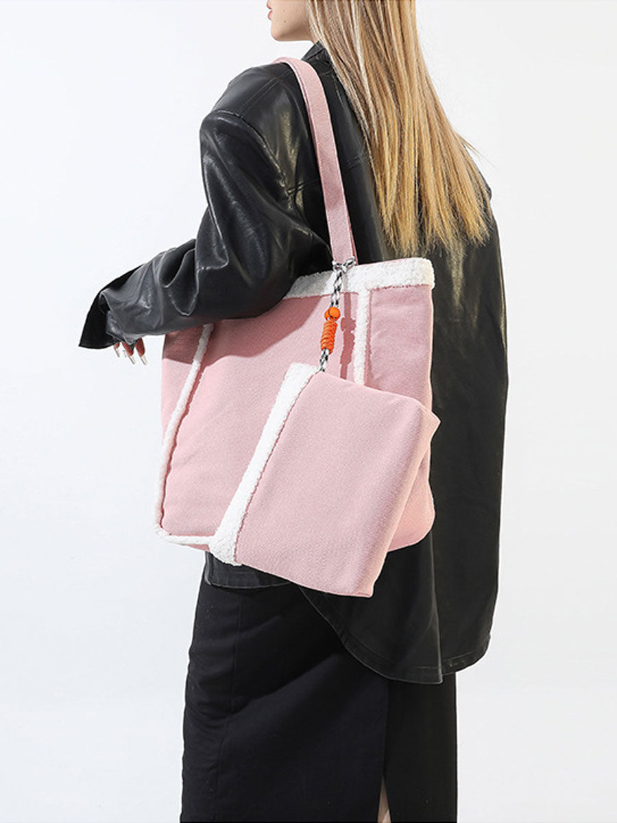 Cozy Sherpa Trim Tote Bag Black