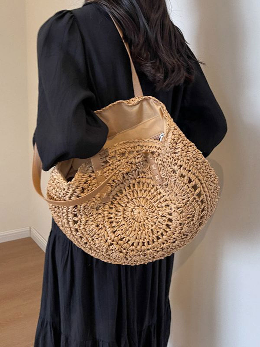 Large Woven Straw Tote Bag Khaki