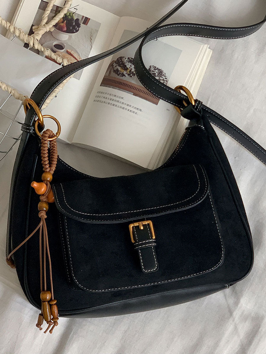 Vintage Suede Commuter Shoulder Bag Khaki
