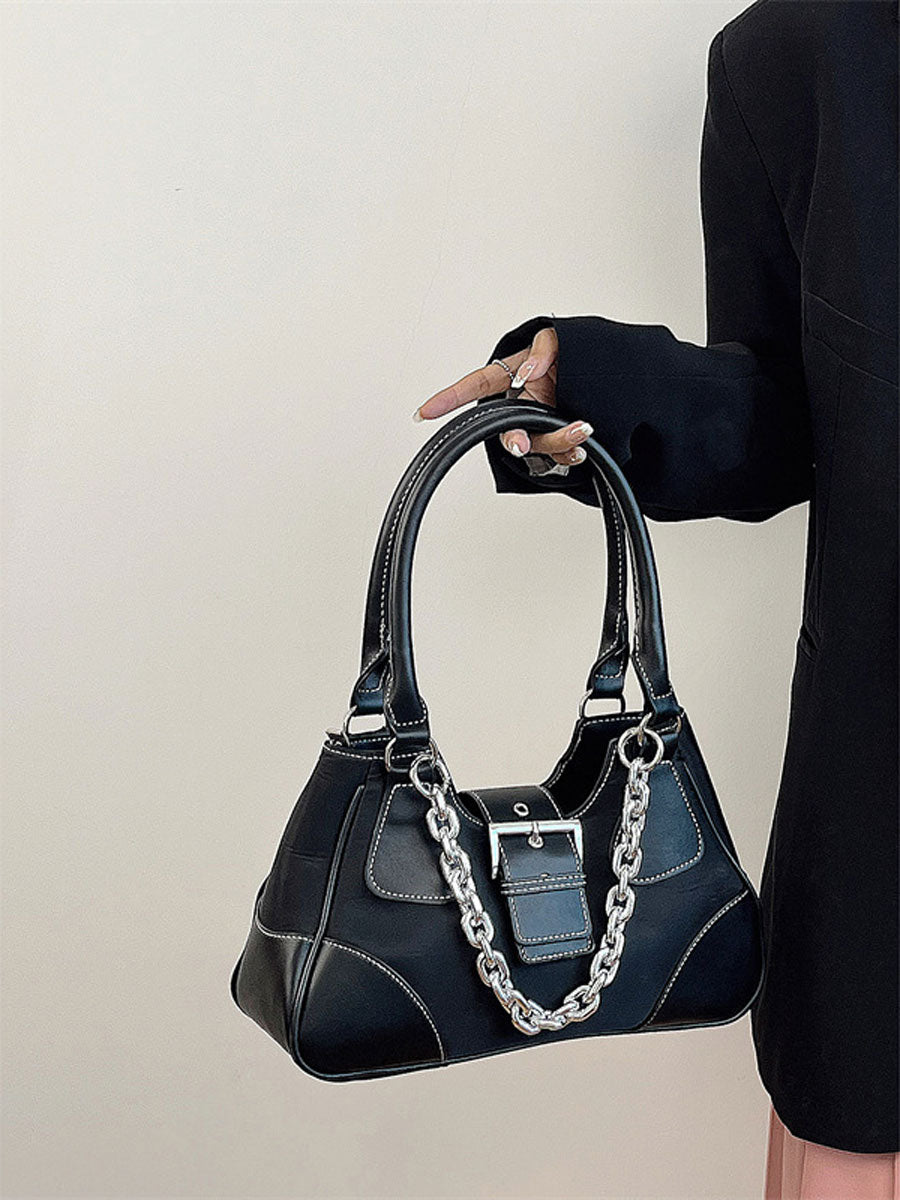 Patent Leather Chain Underarm Shoulder Bag Black