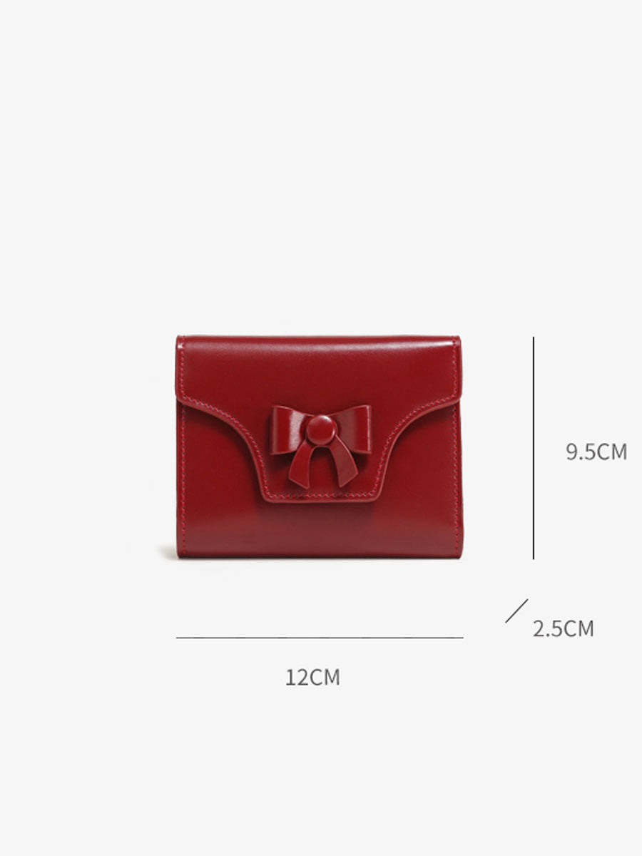 Genuine Leather Bow Short Wallet Red