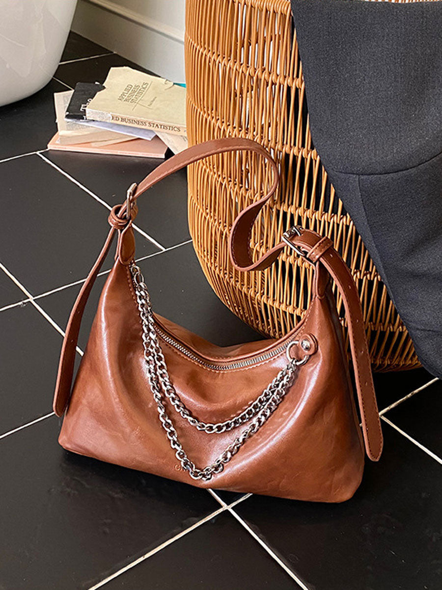 Chic Leather Underarm Bag with Chain White