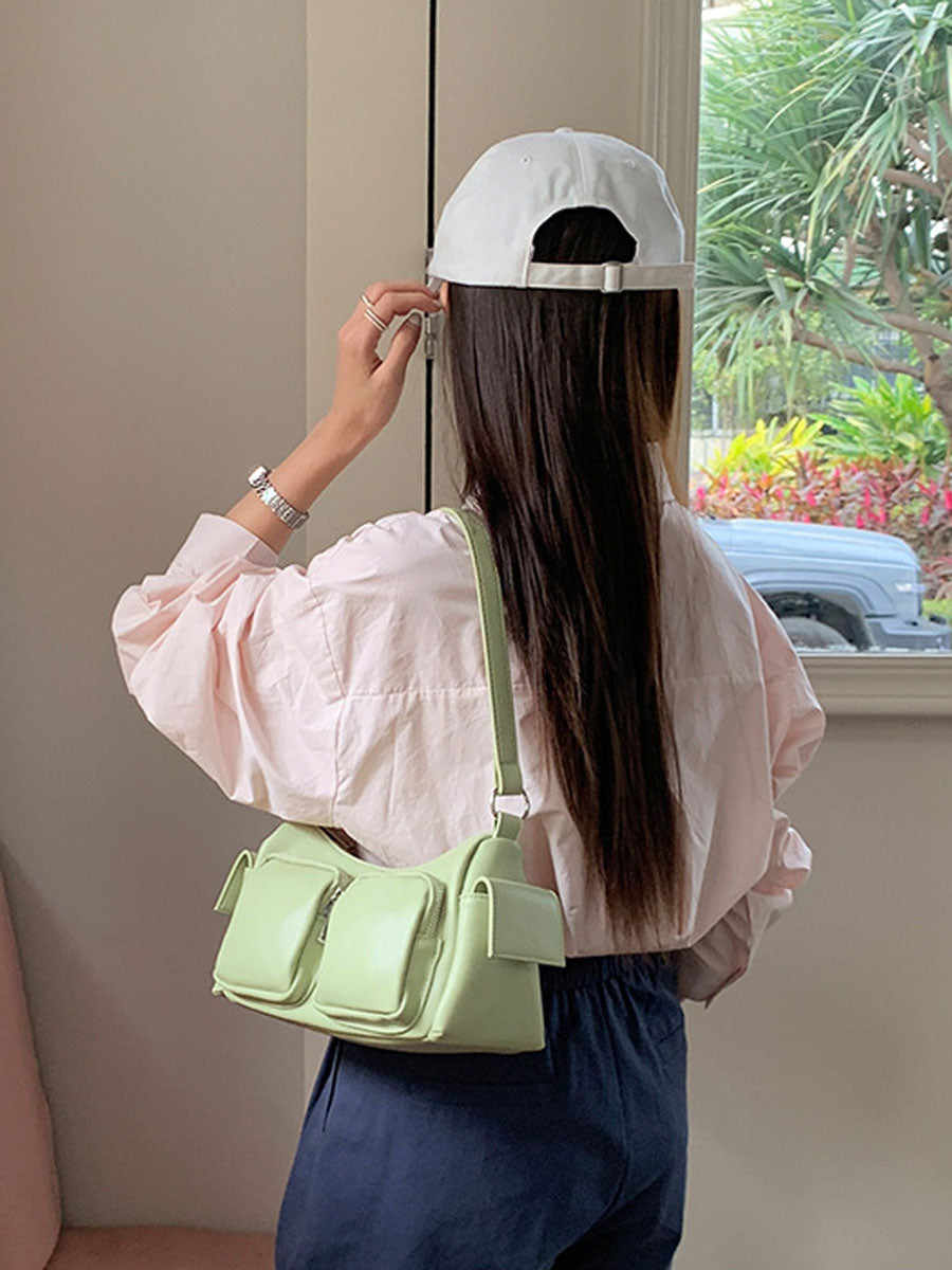 Trendy Shoulder Baguette Bag with Pockets White