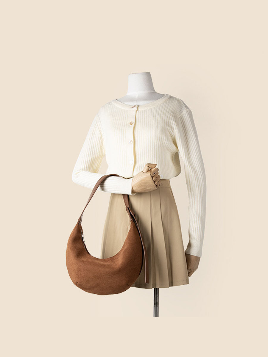 Vintage Suede Hobo Shoulder Bag Khaki