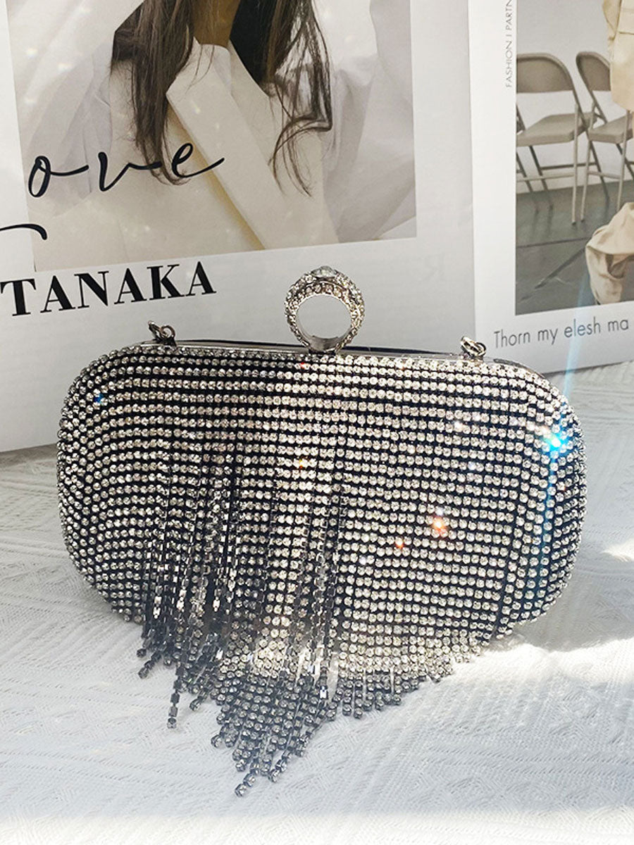 Rhinestone Tassel Clutch Purse Handbag Black