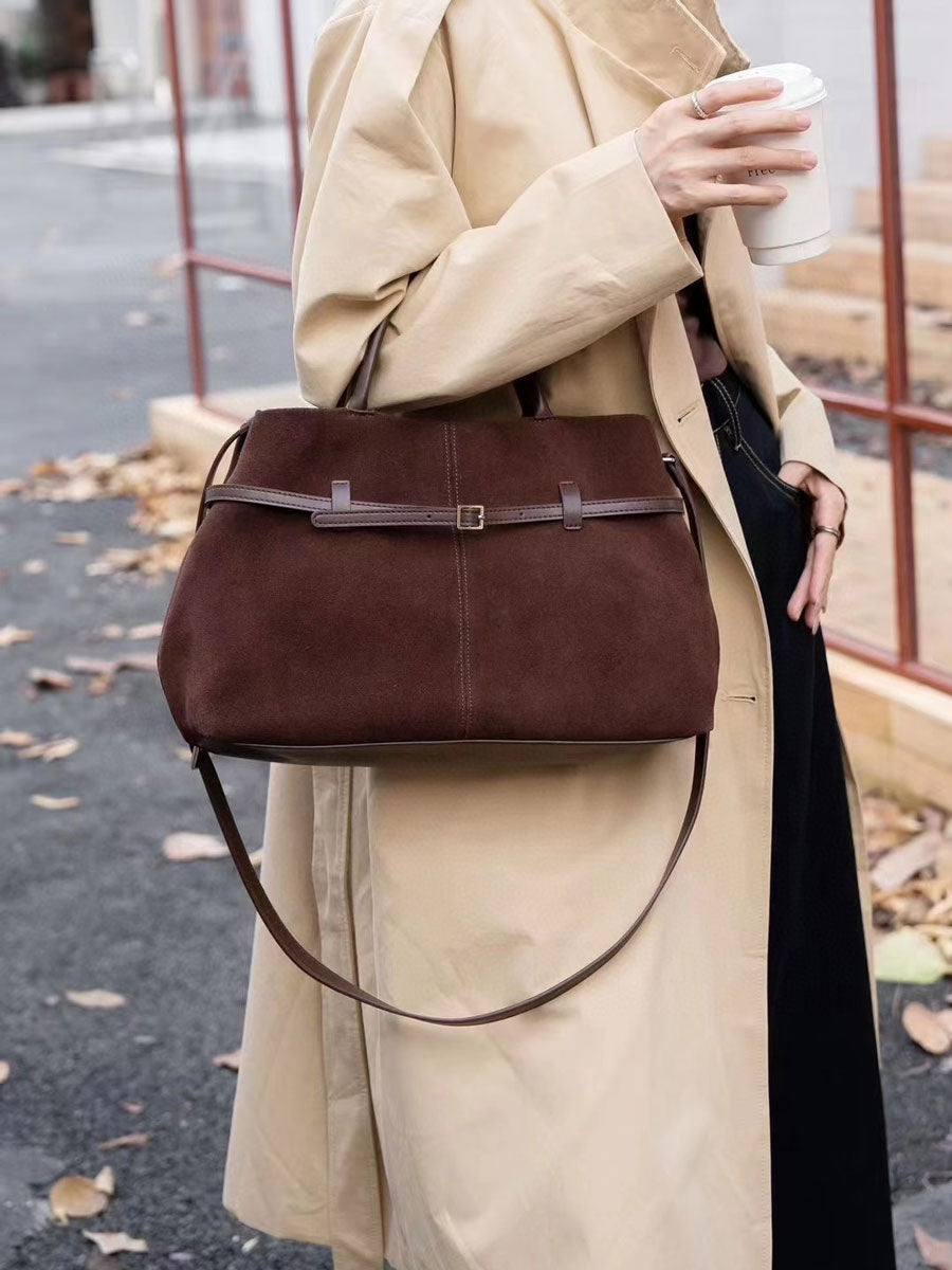 Vintage Suede Tote Bag With Strap Brown Leather