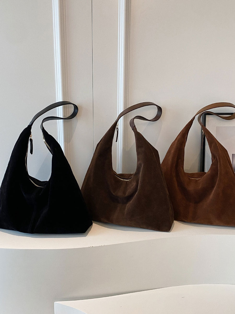 Suede Hobo Tote Bag Brown