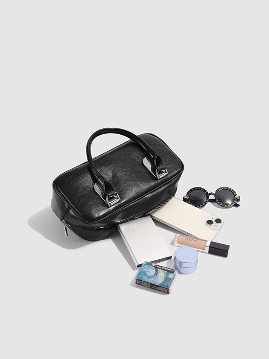 Vegan Leather Top Handle Bag Black