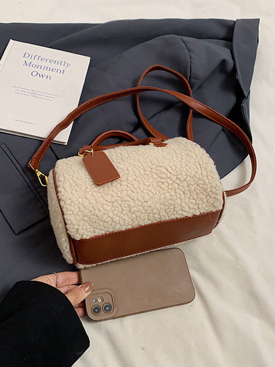 Winter Plush Boston Crossbody Bag Beige