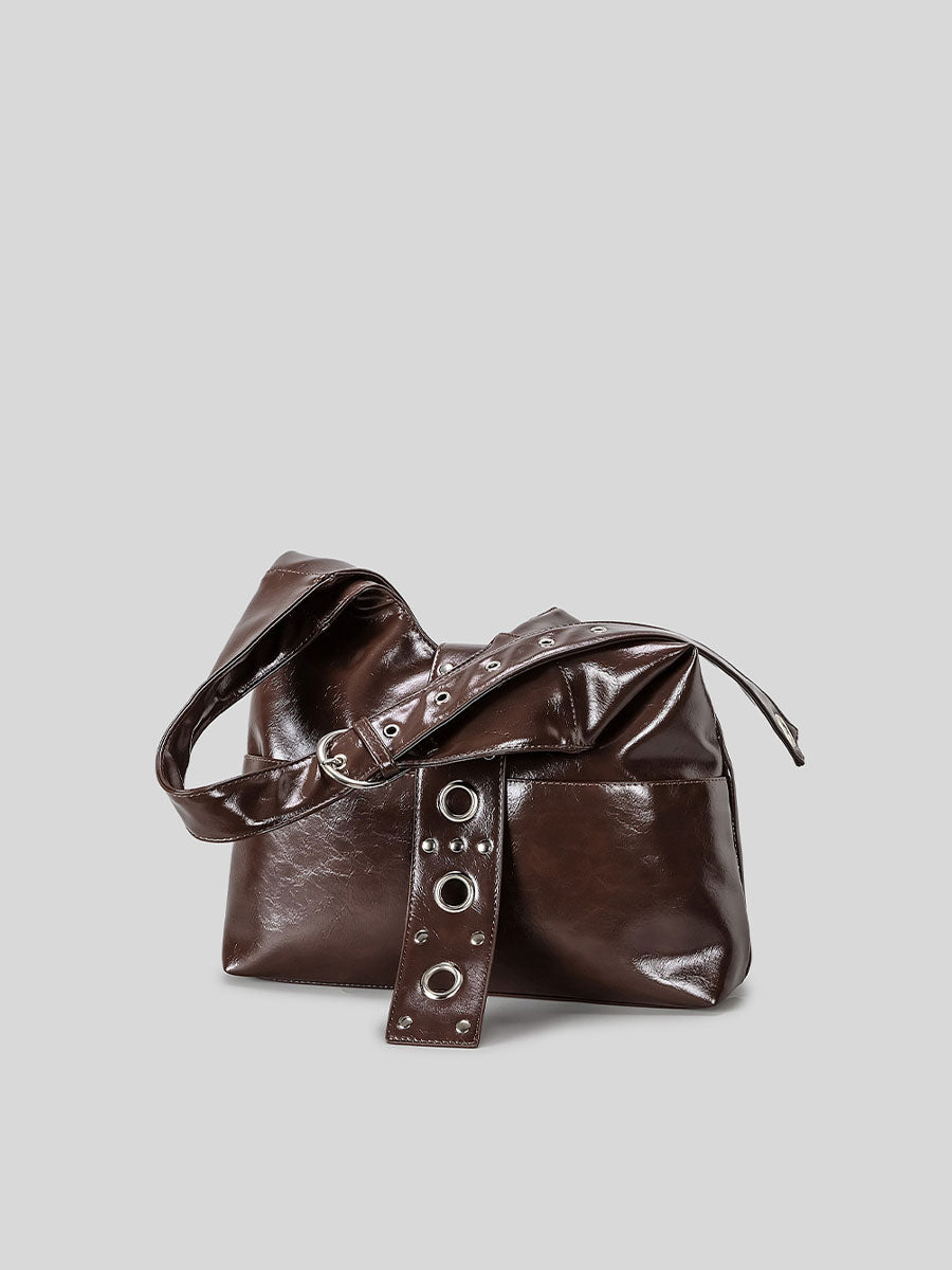 Large Patent Leather Hobo Bag with Grommet Strap Brown