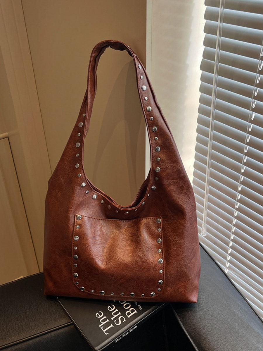 Studded Soft Leather Shoulder Tote Handbag Beige