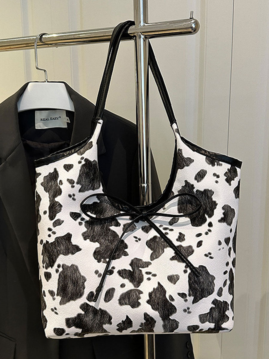 Cow Print Tote Bag with Bow Brown