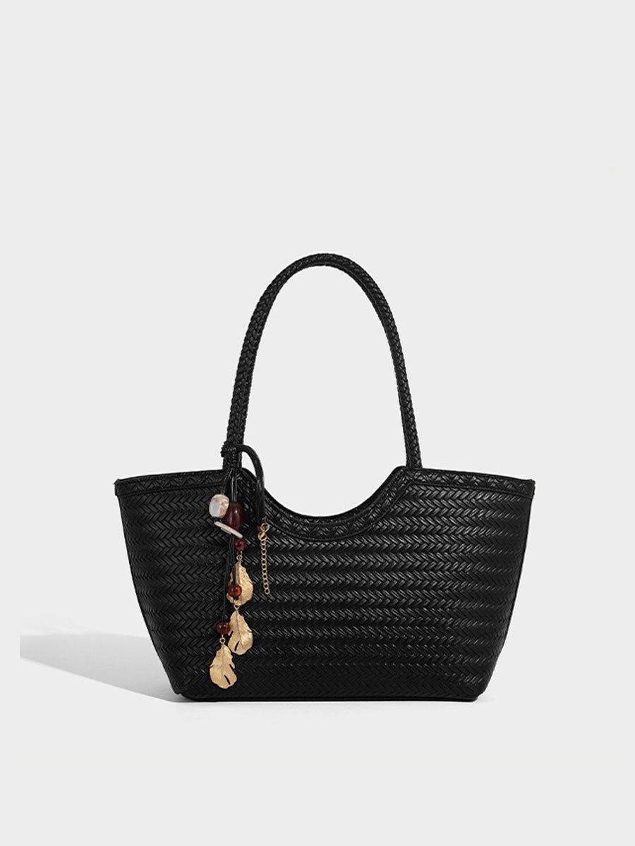 Boho Real Leather Woven Tote Bag Reddish Brown