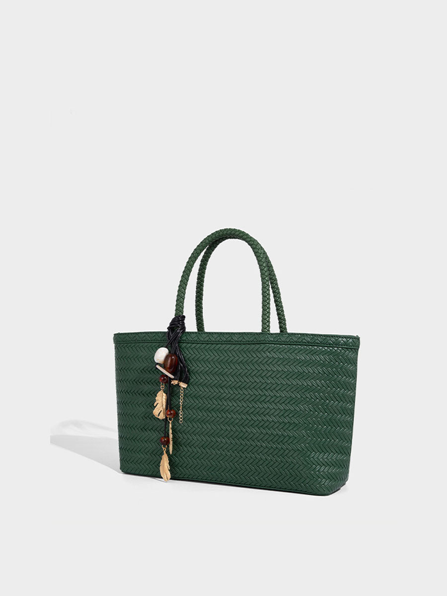 Real Leather Woven Tote Basket Bag White