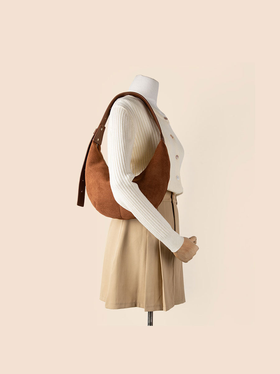 Vintage Suede Hobo Shoulder Bag Khaki