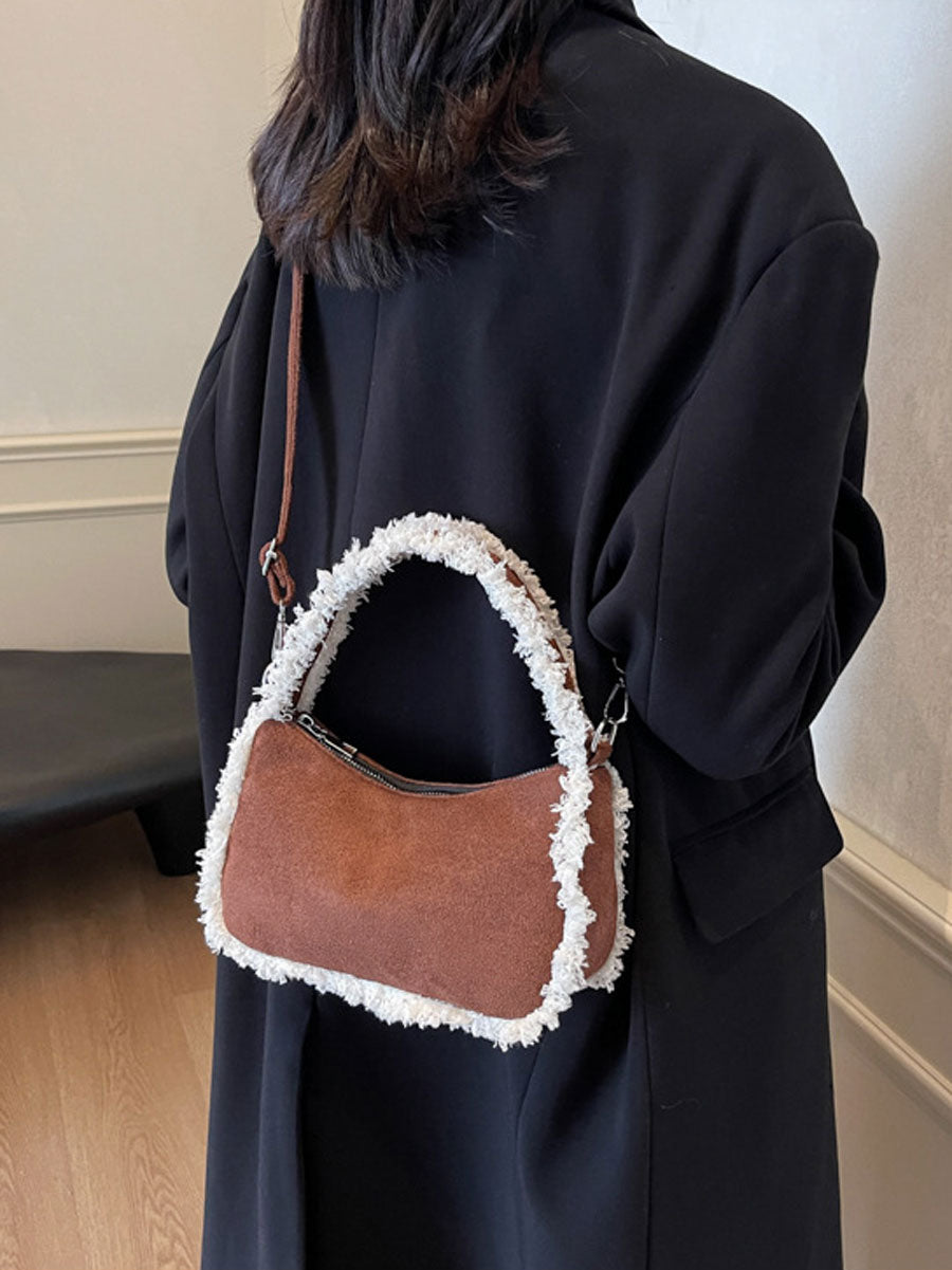 Trendy Plush Edge Crossbody Bag Brown