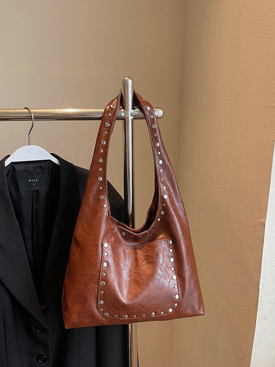 Studded Soft Leather Shoulder Tote Handbag Beige
