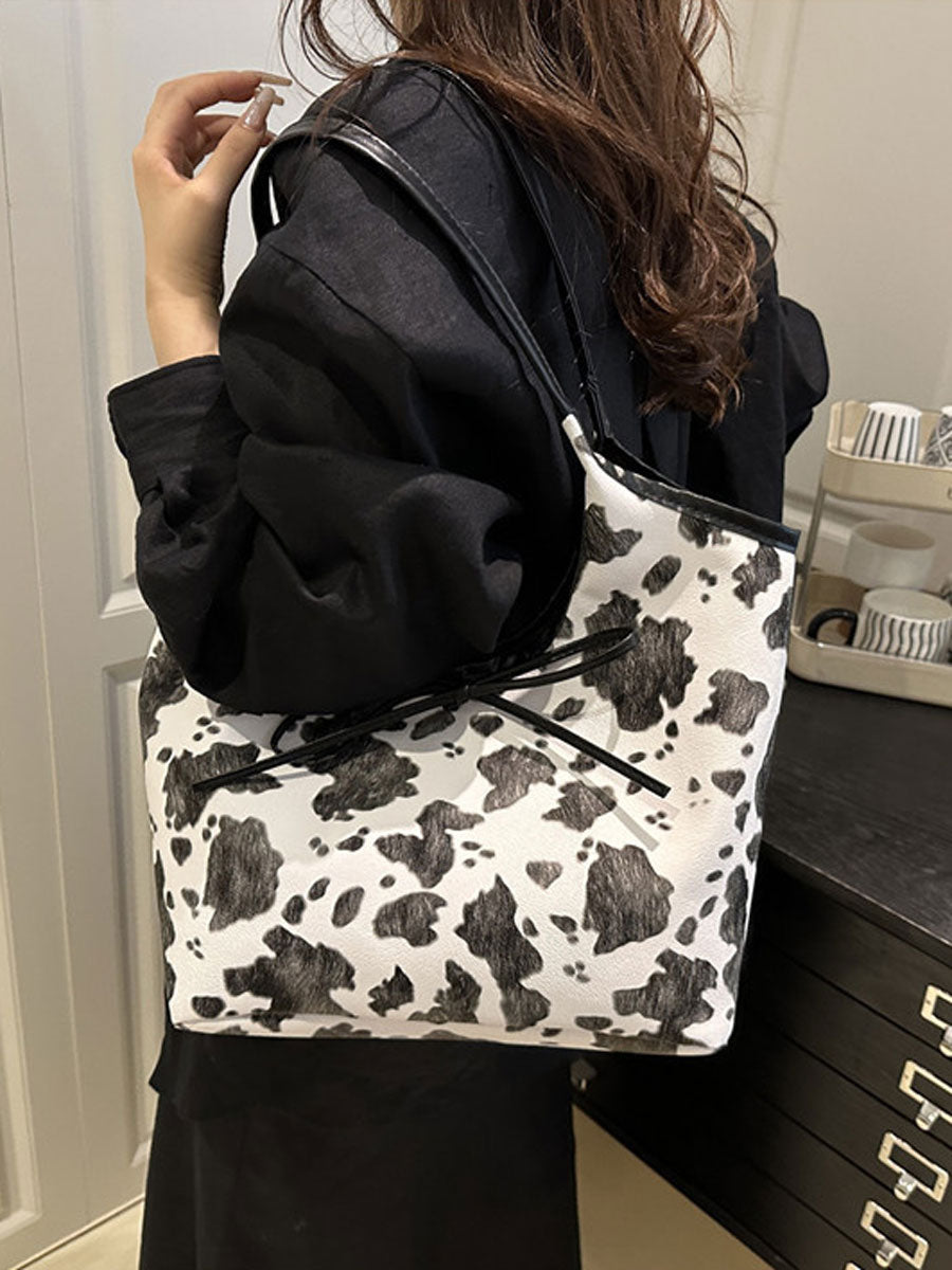 Cow Print Tote Bag with Bow Brown