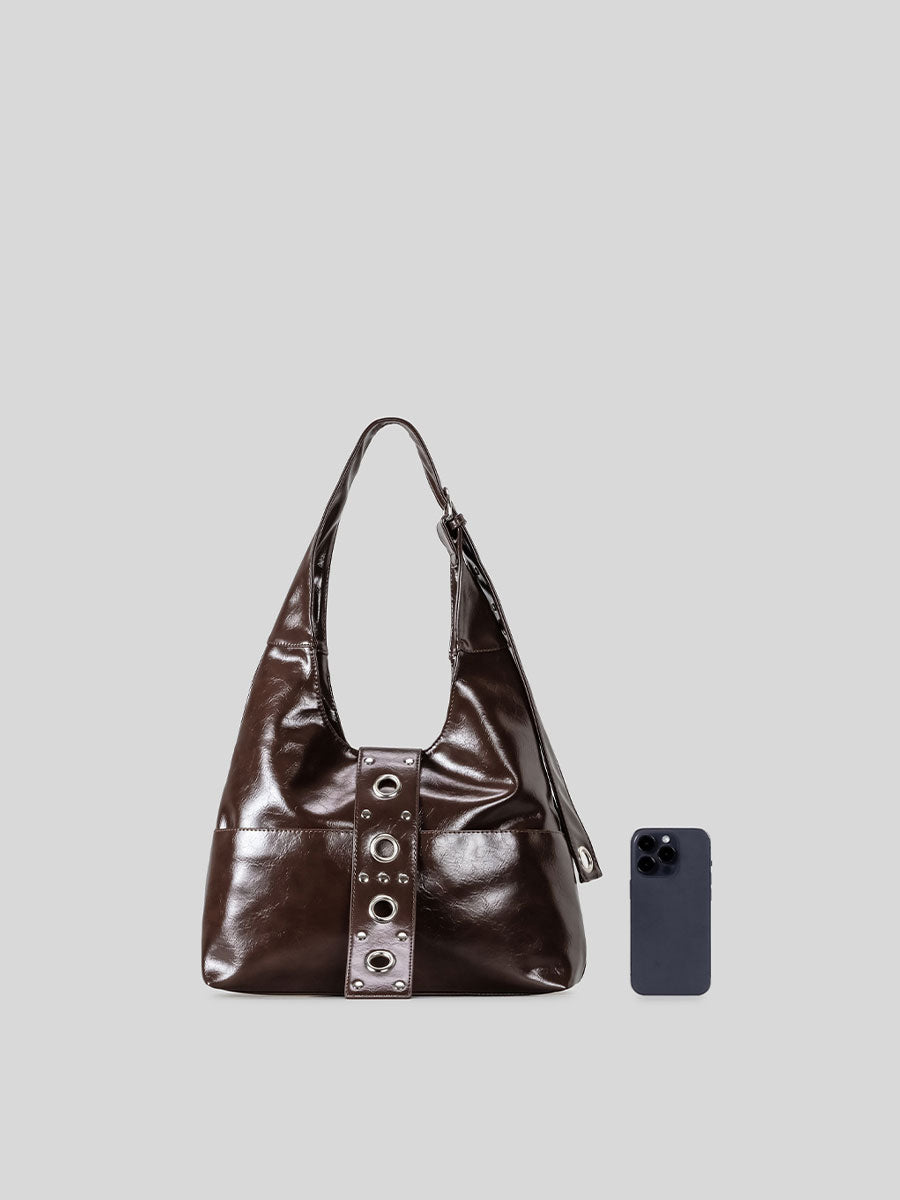 Large Patent Leather Hobo Bag with Grommet Strap Brown
