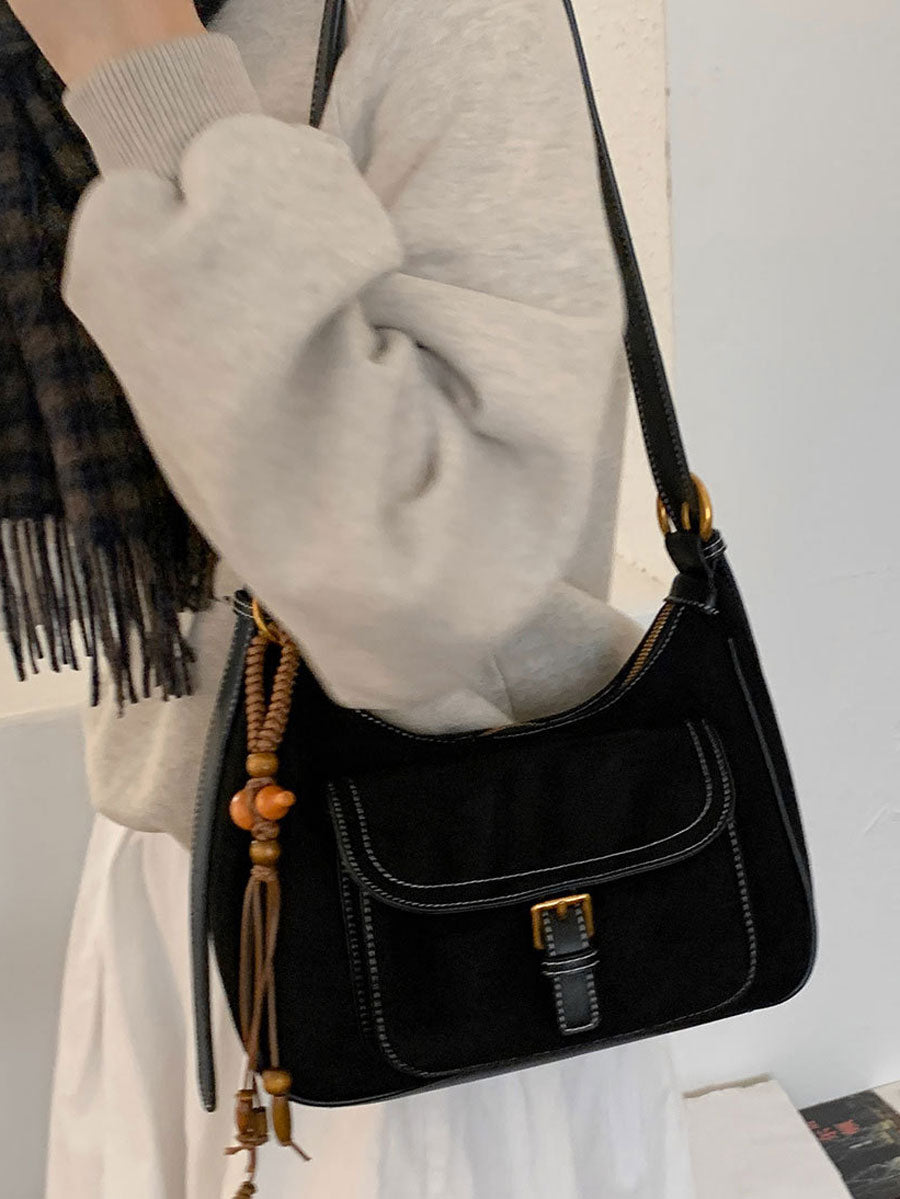Vintage Suede Commuter Shoulder Bag Khaki