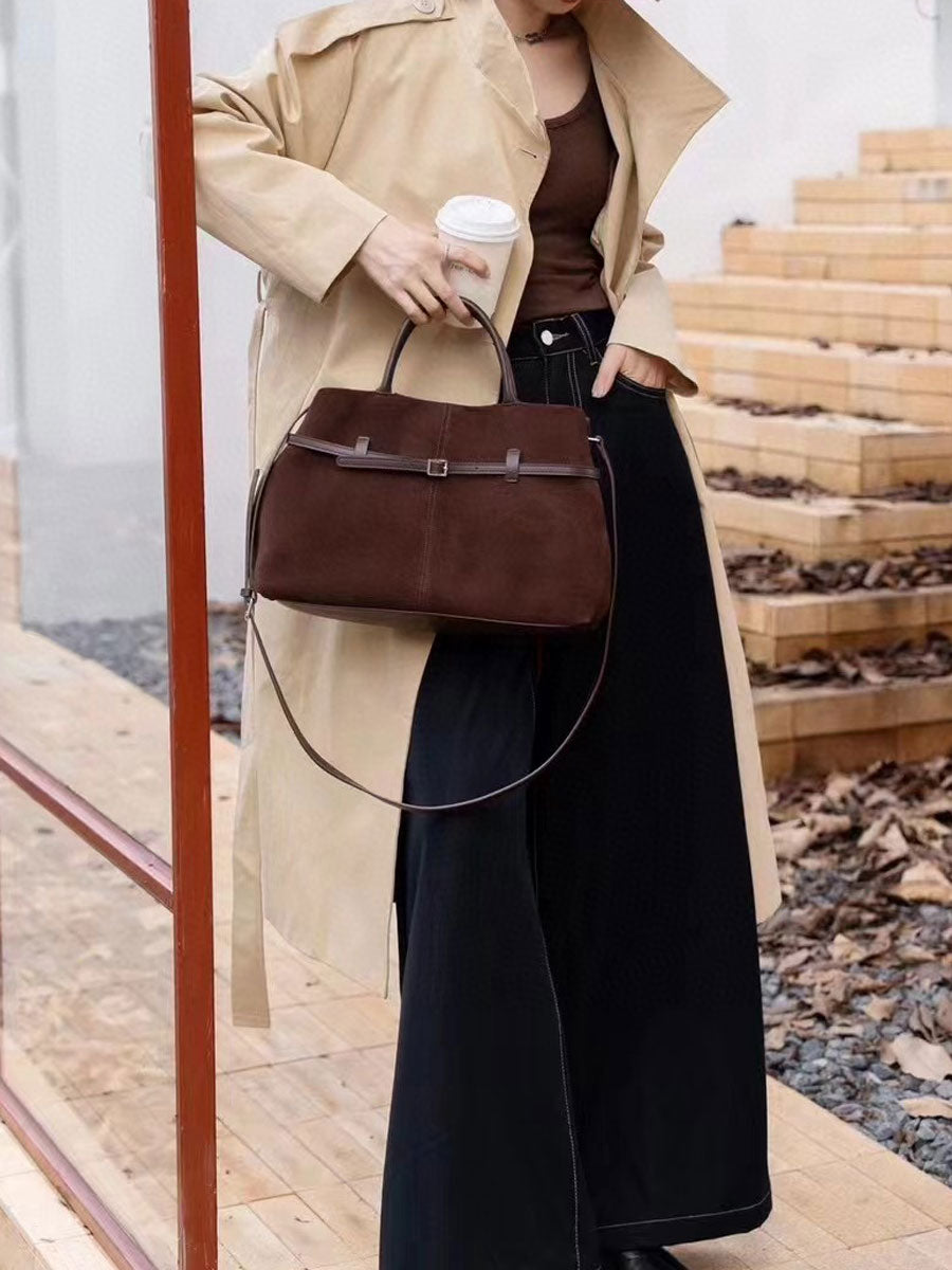 Vintage Suede Tote Bag With Strap Brown Leather