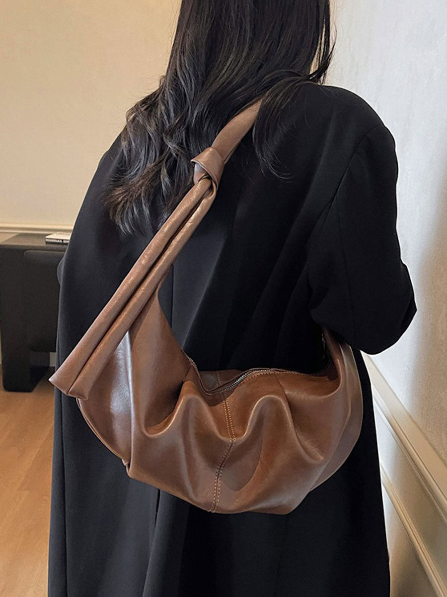 Soft Leather Hobo Shoulder Bag Coffee