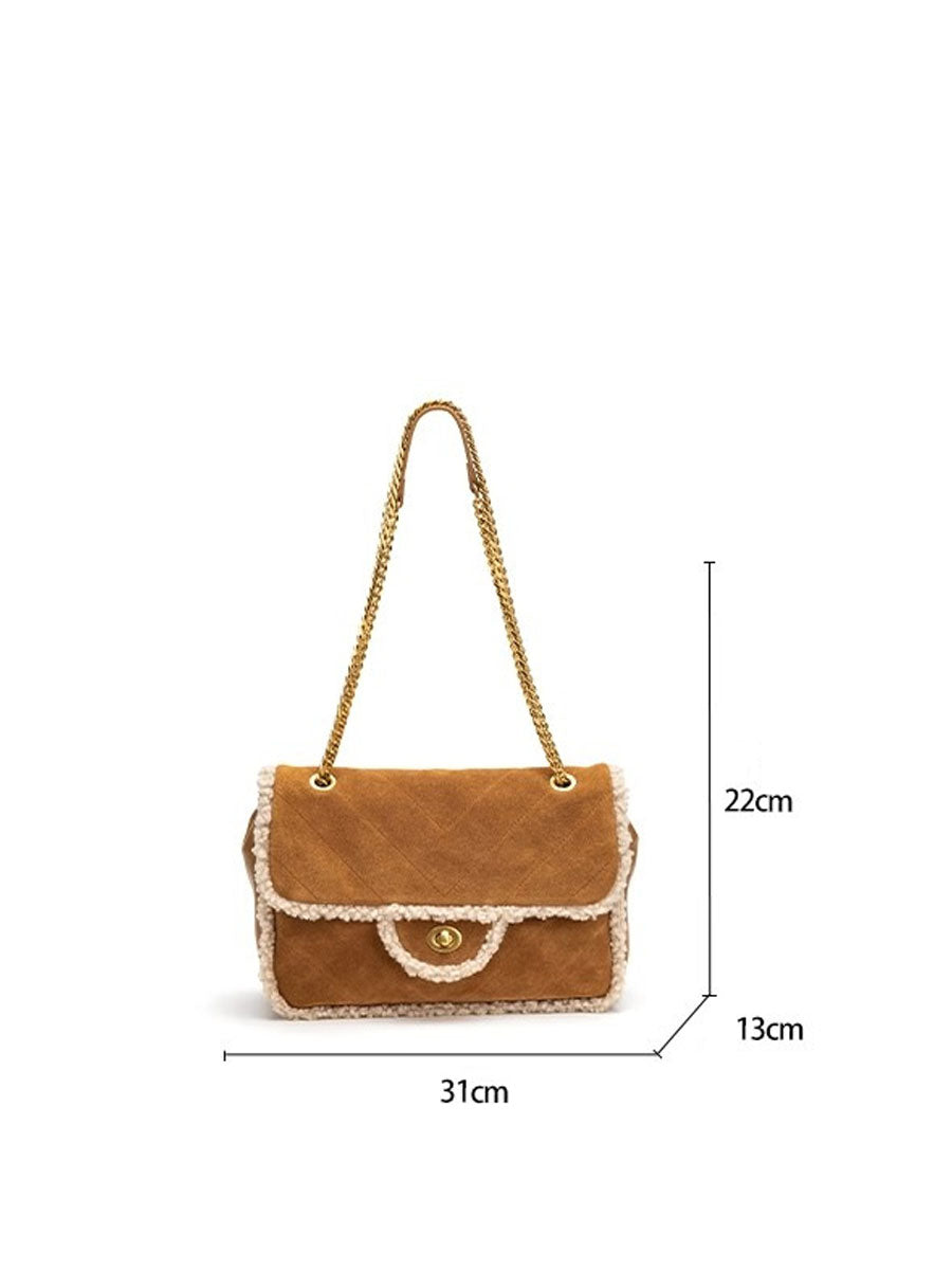 Vintage Shearling Trim Shoulder Bag Brown