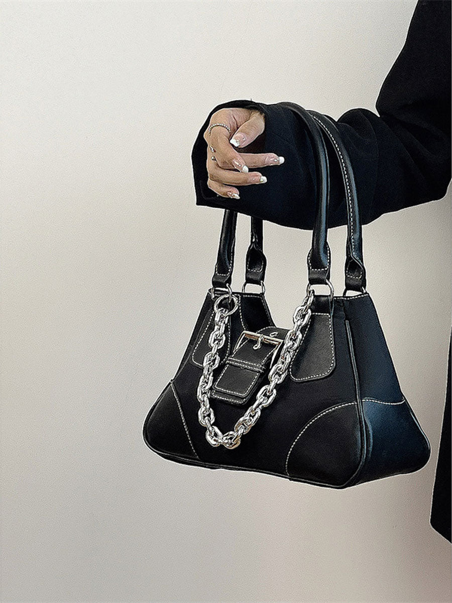Patent Leather Chain Underarm Shoulder Bag Black