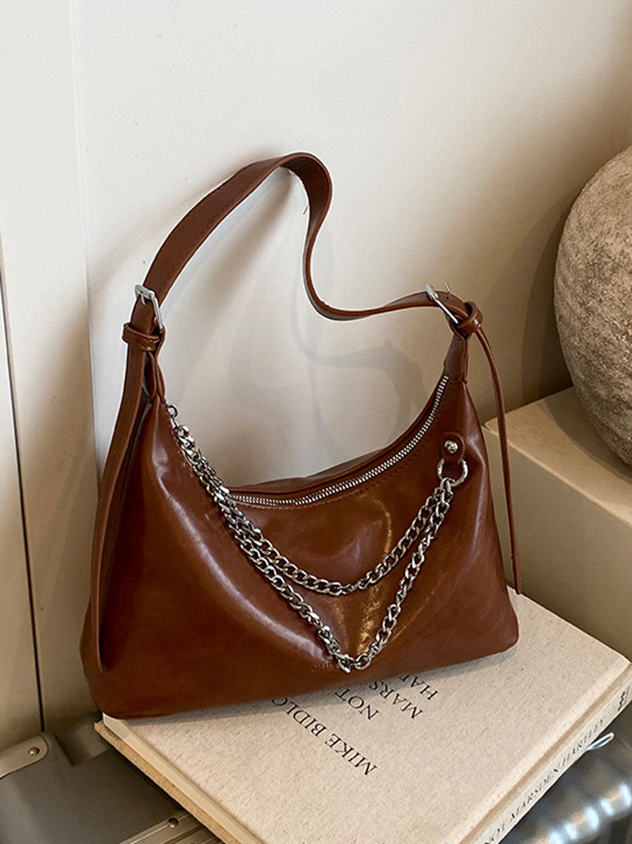 Chic Leather Underarm Bag with Chain White