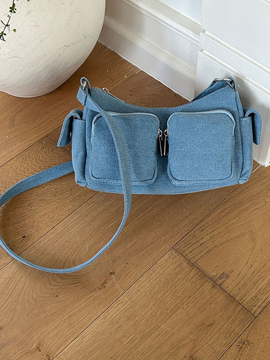 Trendy Shoulder Baguette Bag with Pockets White