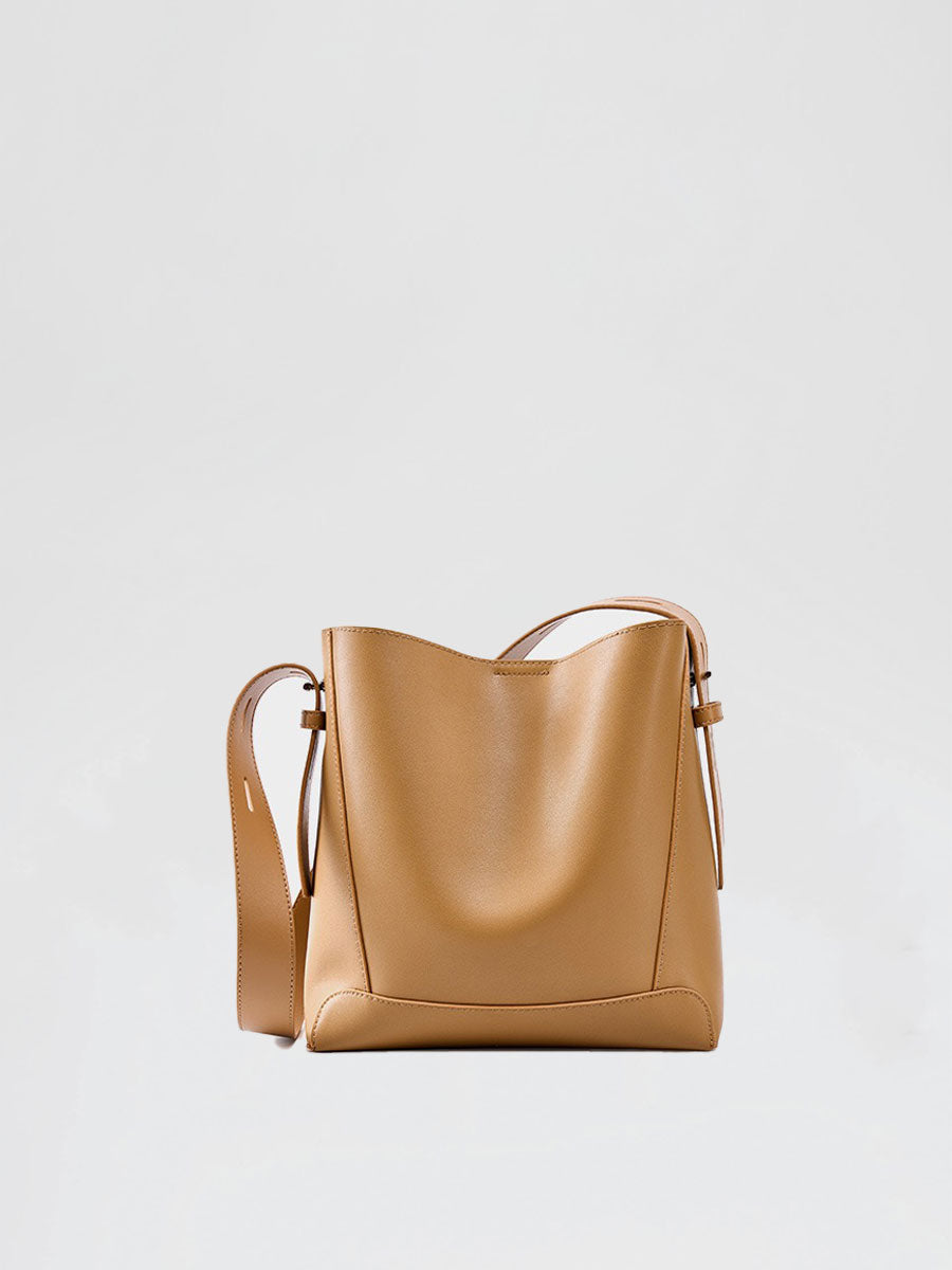Genuine Leather Bucket Bag Adjustable Strap Brown