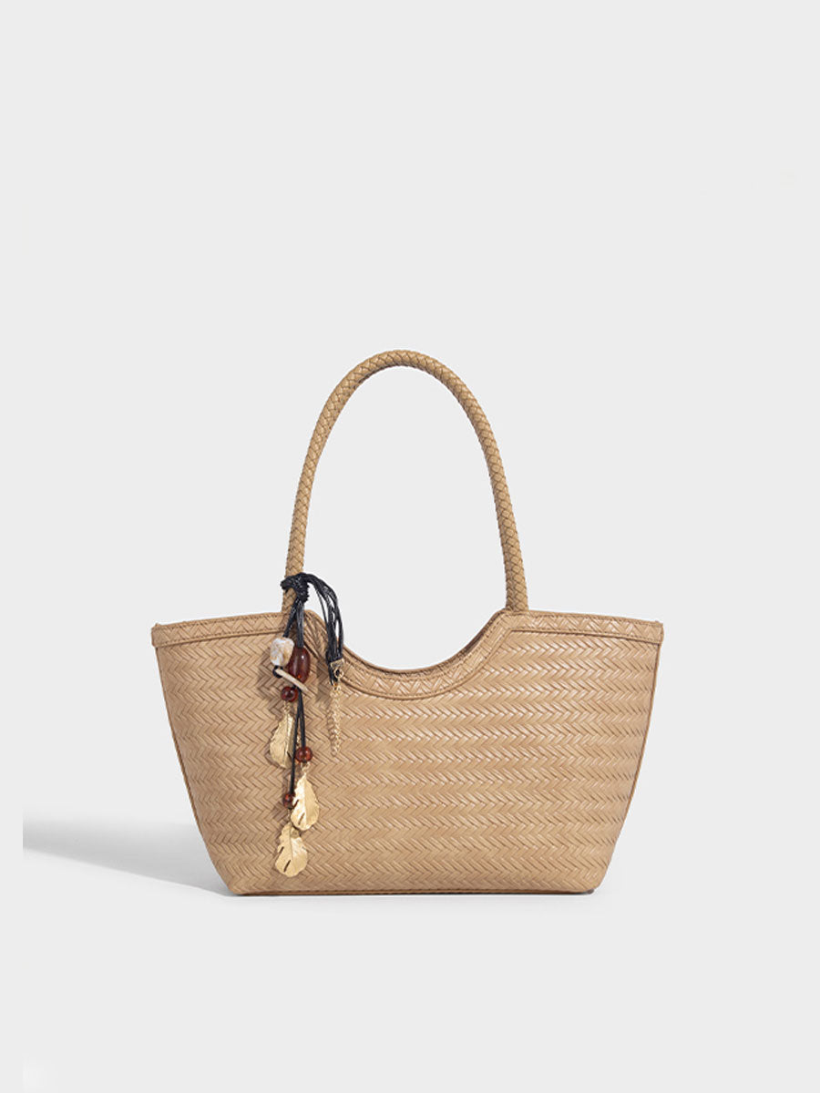 Boho Real Leather Woven Tote Bag Reddish Brown