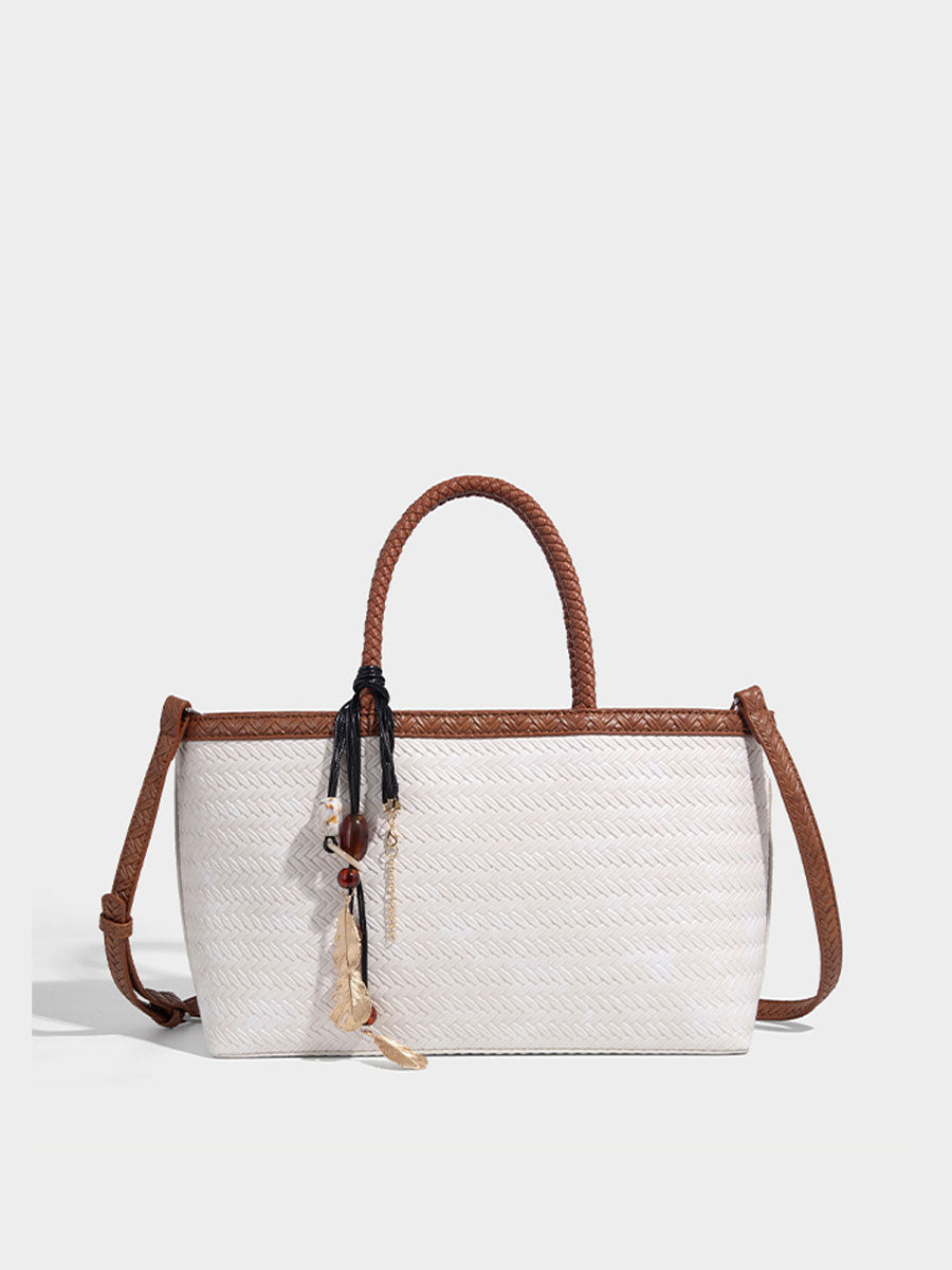 Real Leather Woven Tote Basket Bag White