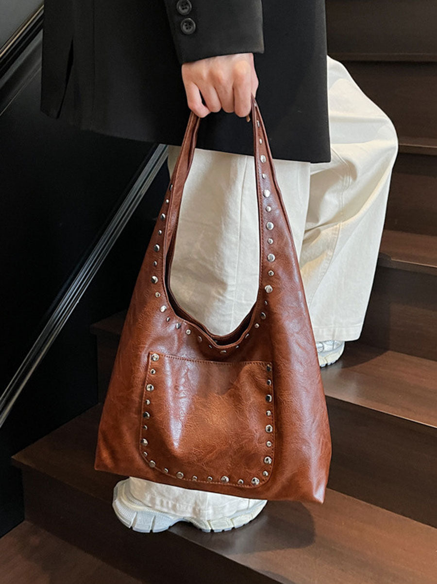Studded Soft Leather Shoulder Tote Handbag Beige