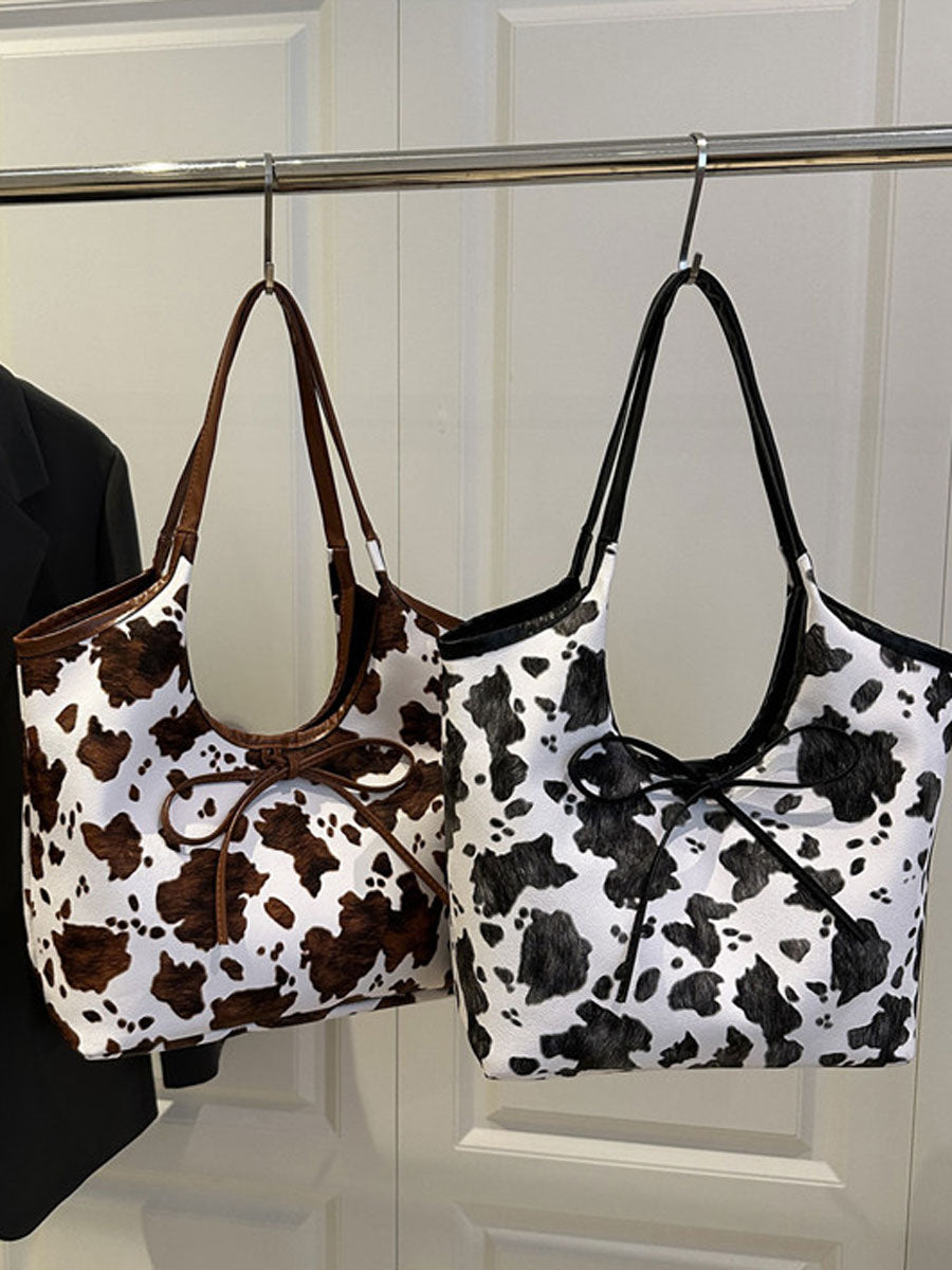 Cow Print Tote Bag with Bow Brown