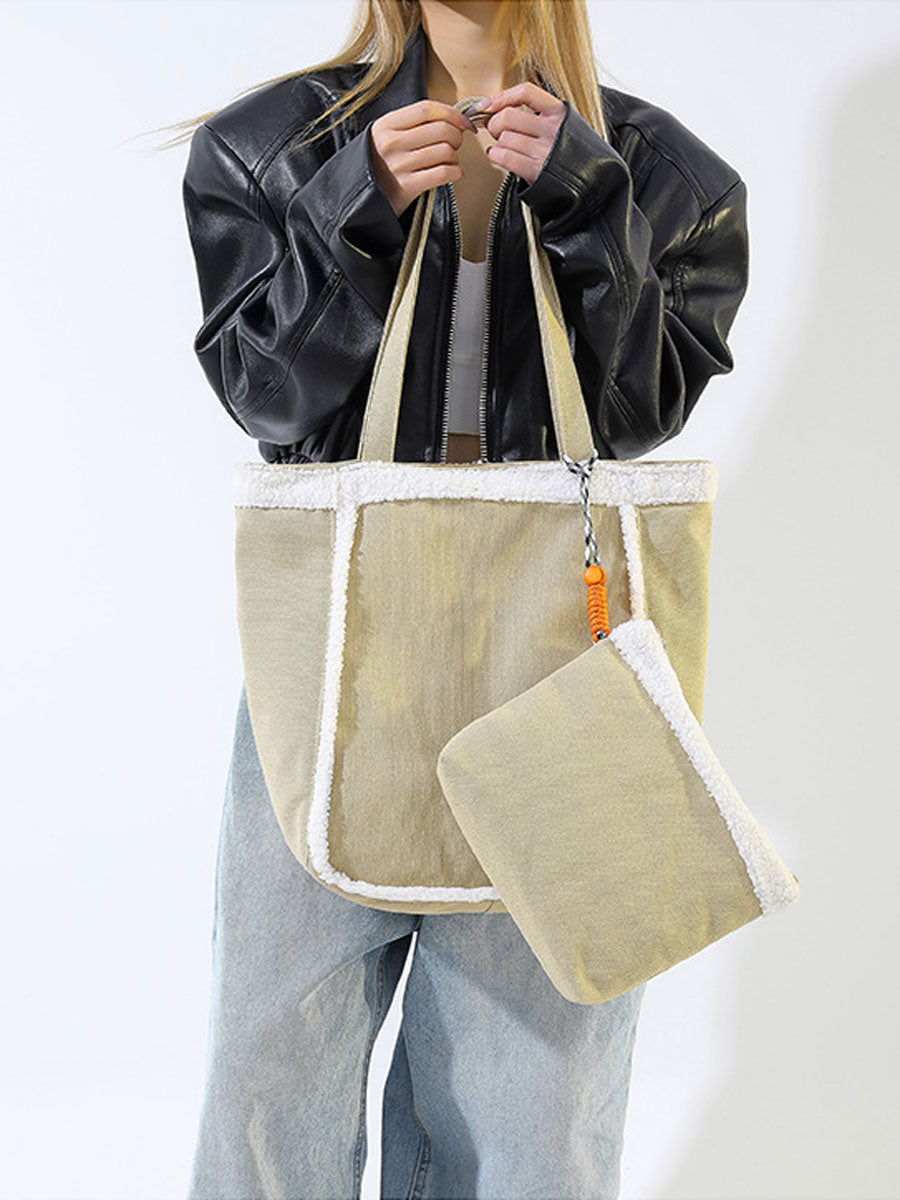 Cozy Sherpa Trim Tote Bag Black