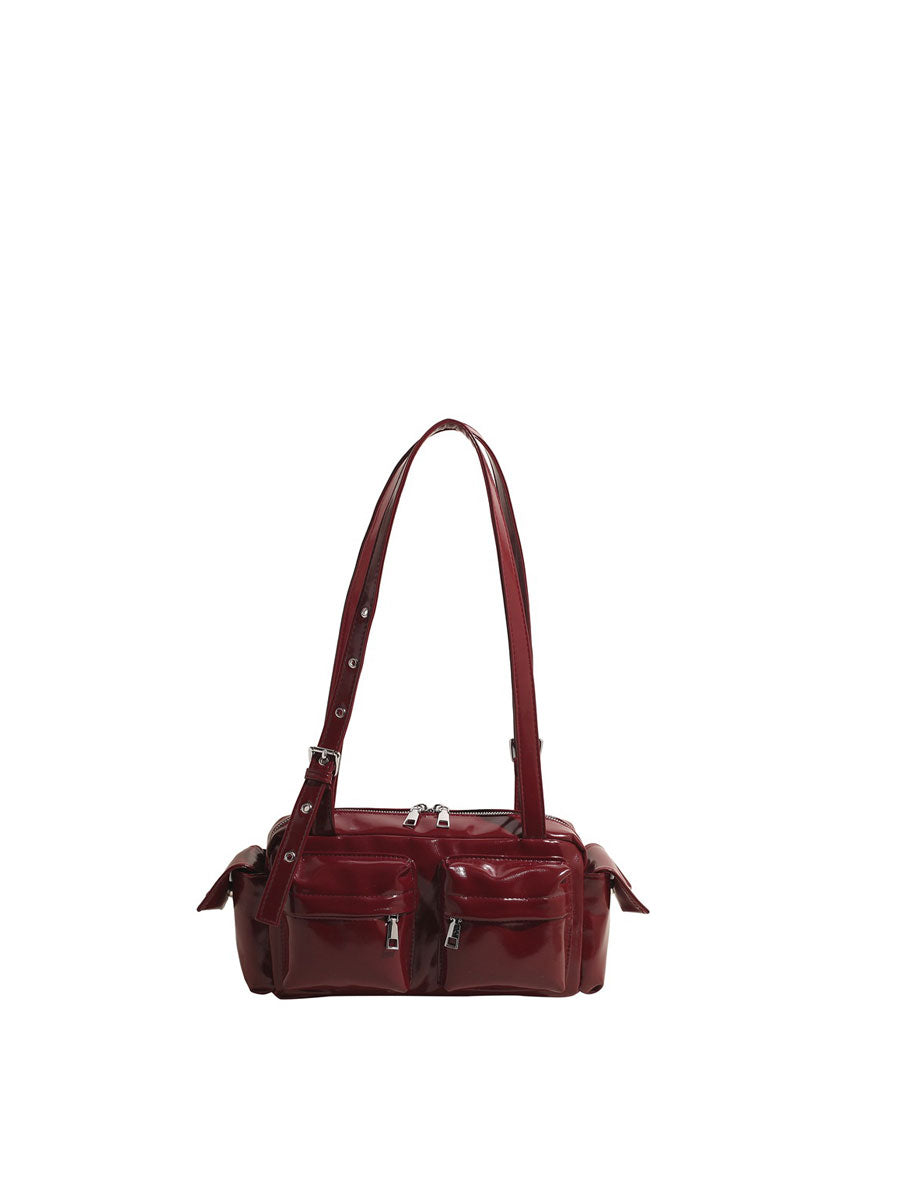 Glossy Vegan Leather Shoulder Bag Black