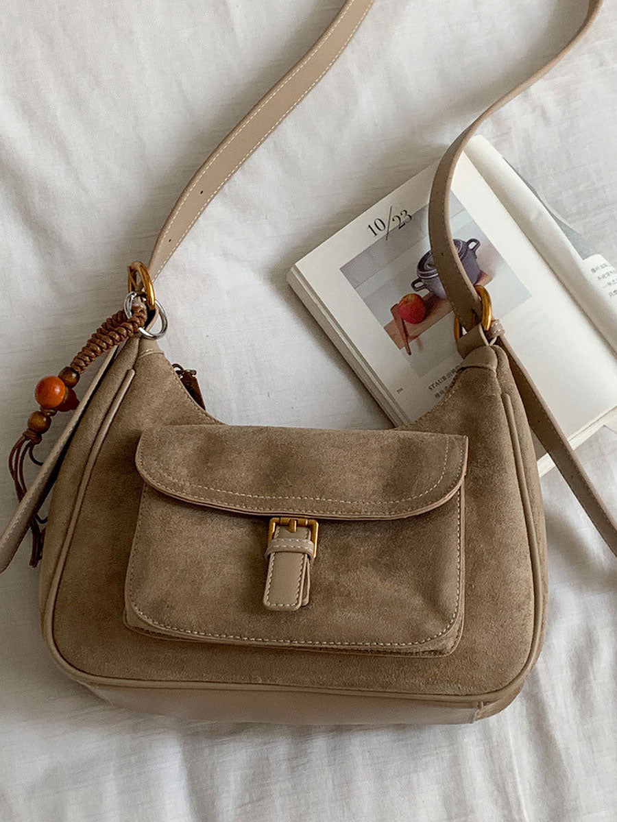 Vintage Suede Commuter Shoulder Bag Khaki