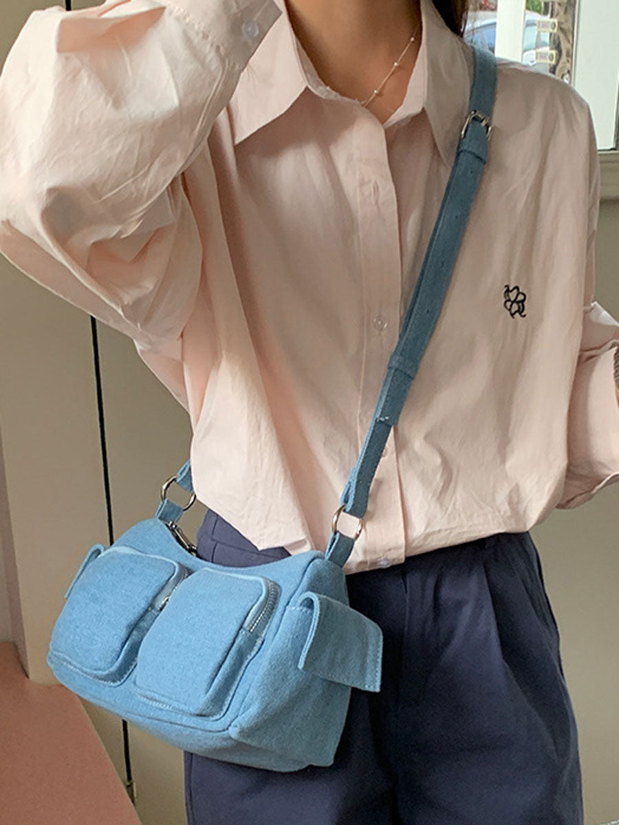 Trendy Shoulder Baguette Bag with Pockets White