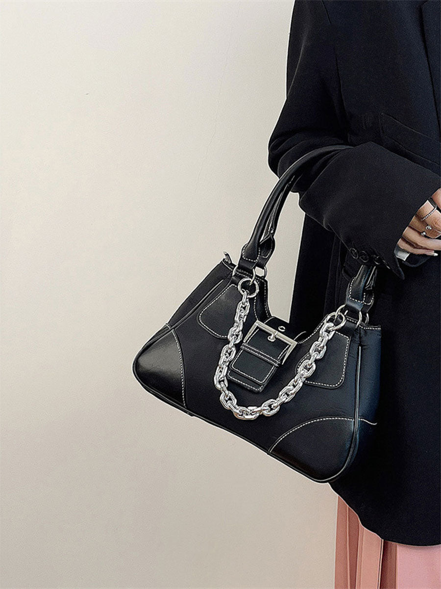 Patent Leather Chain Underarm Shoulder Bag Black
