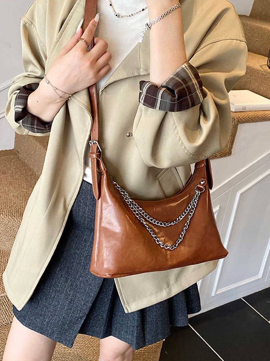 Chic Leather Underarm Bag with Chain White