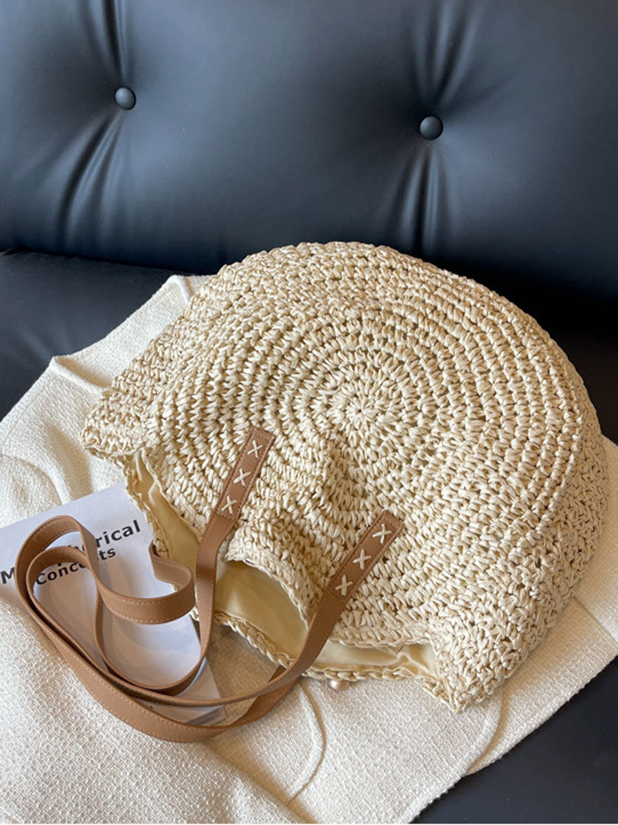 Large Woven Straw Tote Bag Khaki