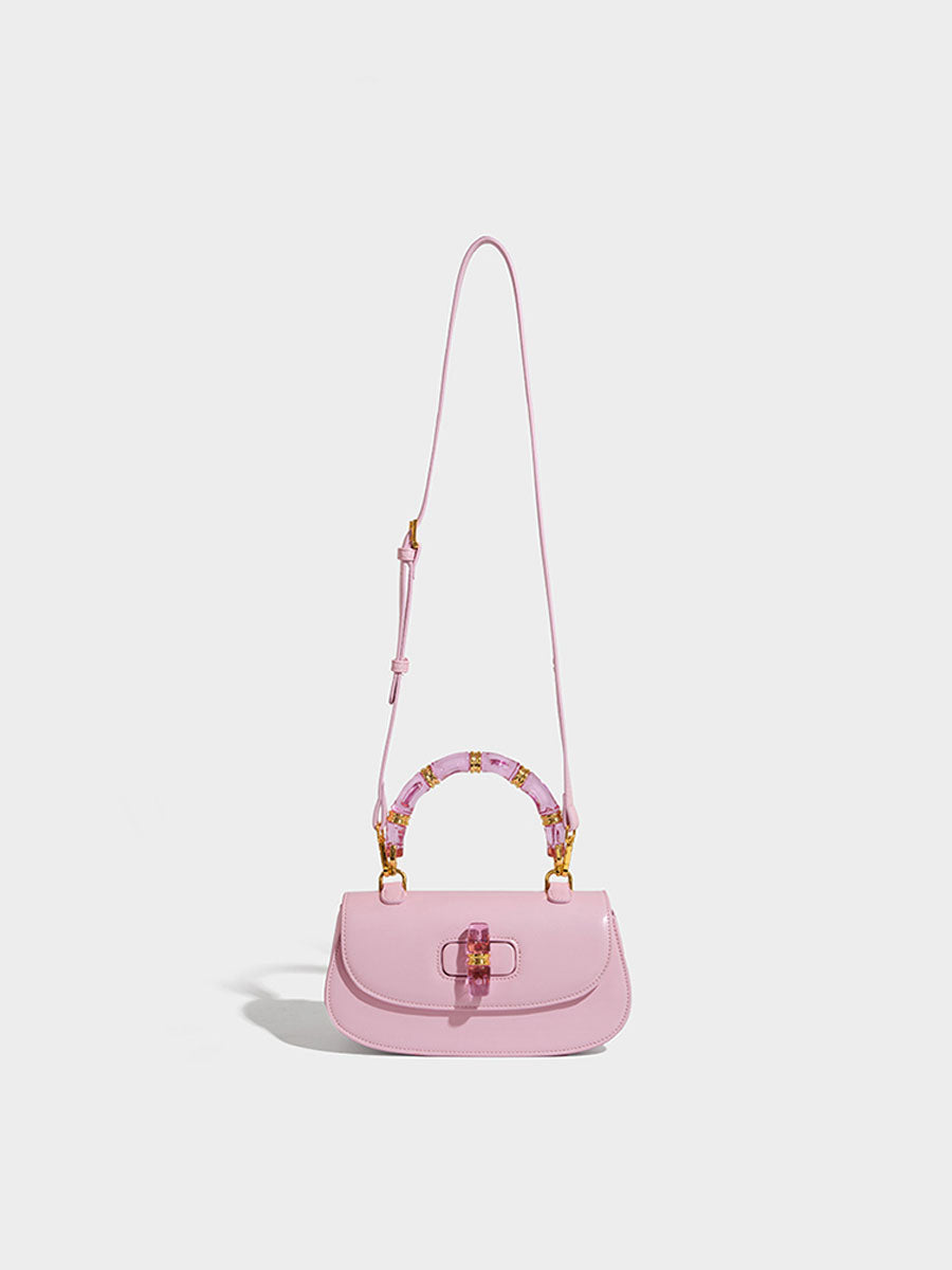Macaron Leather Saddle Bag with Crystal Handle Black