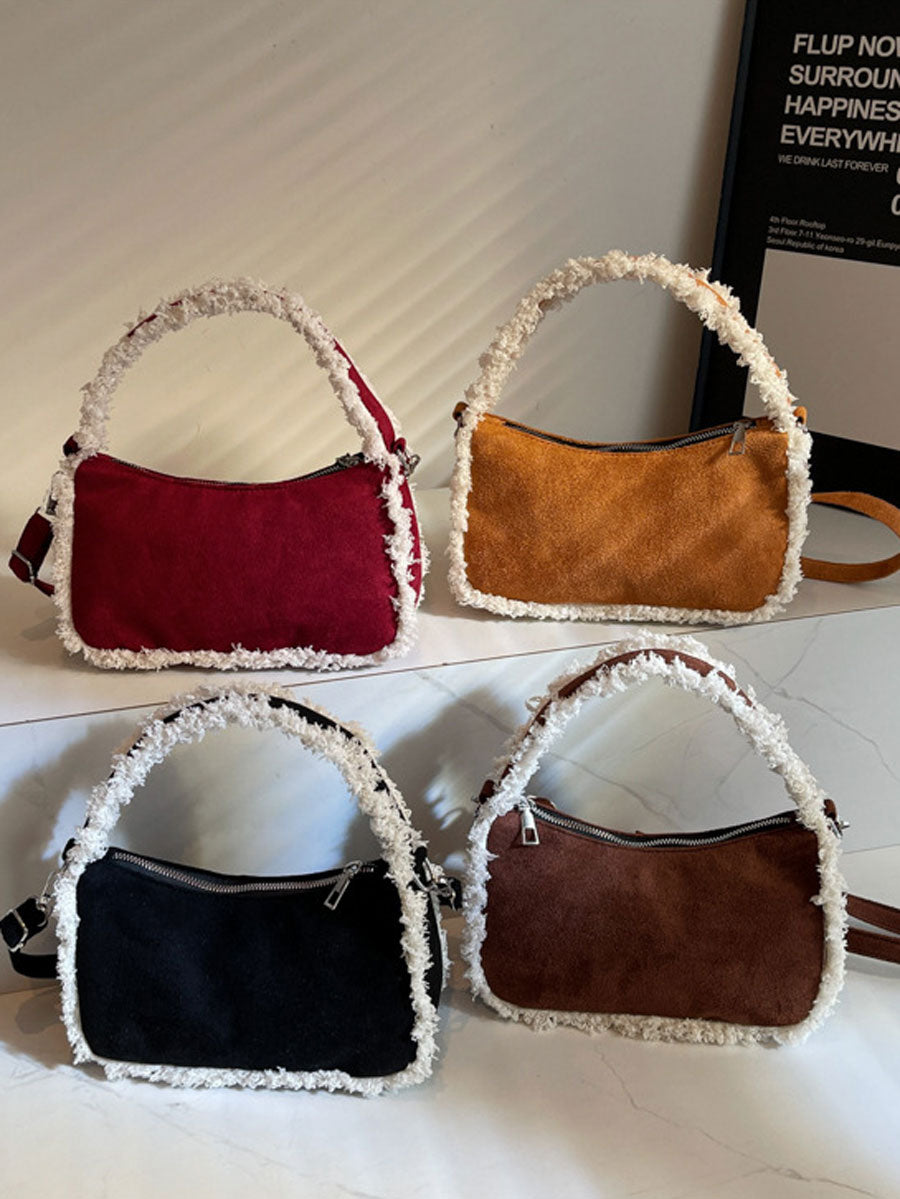 Trendy Plush Edge Crossbody Bag Brown