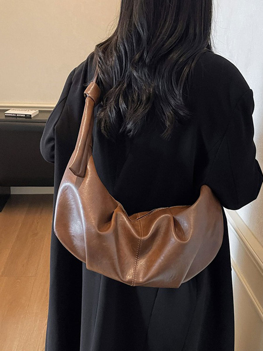 Soft Leather Hobo Shoulder Bag Coffee